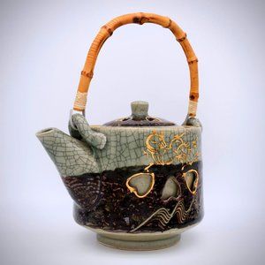 Otagiri Soma Ware Teapot Lidded Brown Green Crackle Gold Hearts MCM Tea Vintage
